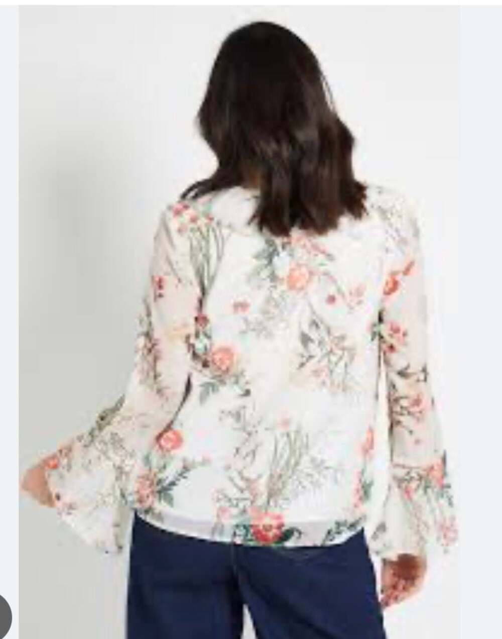 Tabitha Womens White Floral Print Blouse with Ruffle Bell Sleeves